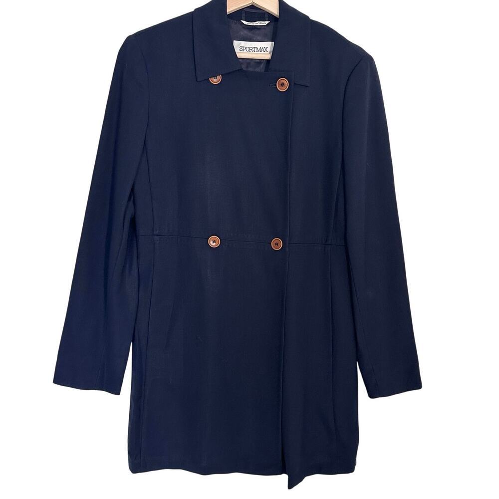 Sportmax Virgin Wool Double Breasted Long Blazer | Navy | SZ 10
